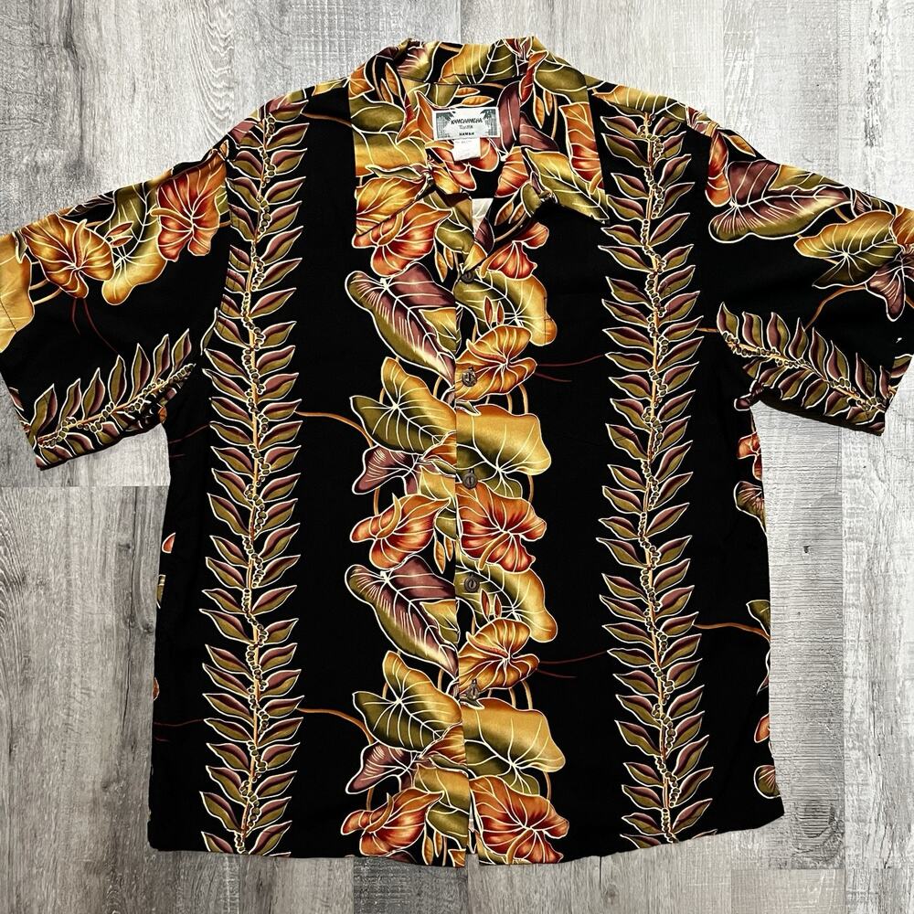 VTG Kamehameha Floral Hawaiian Camp Shirt Black Beach Loop Collar Rayon Sz Large